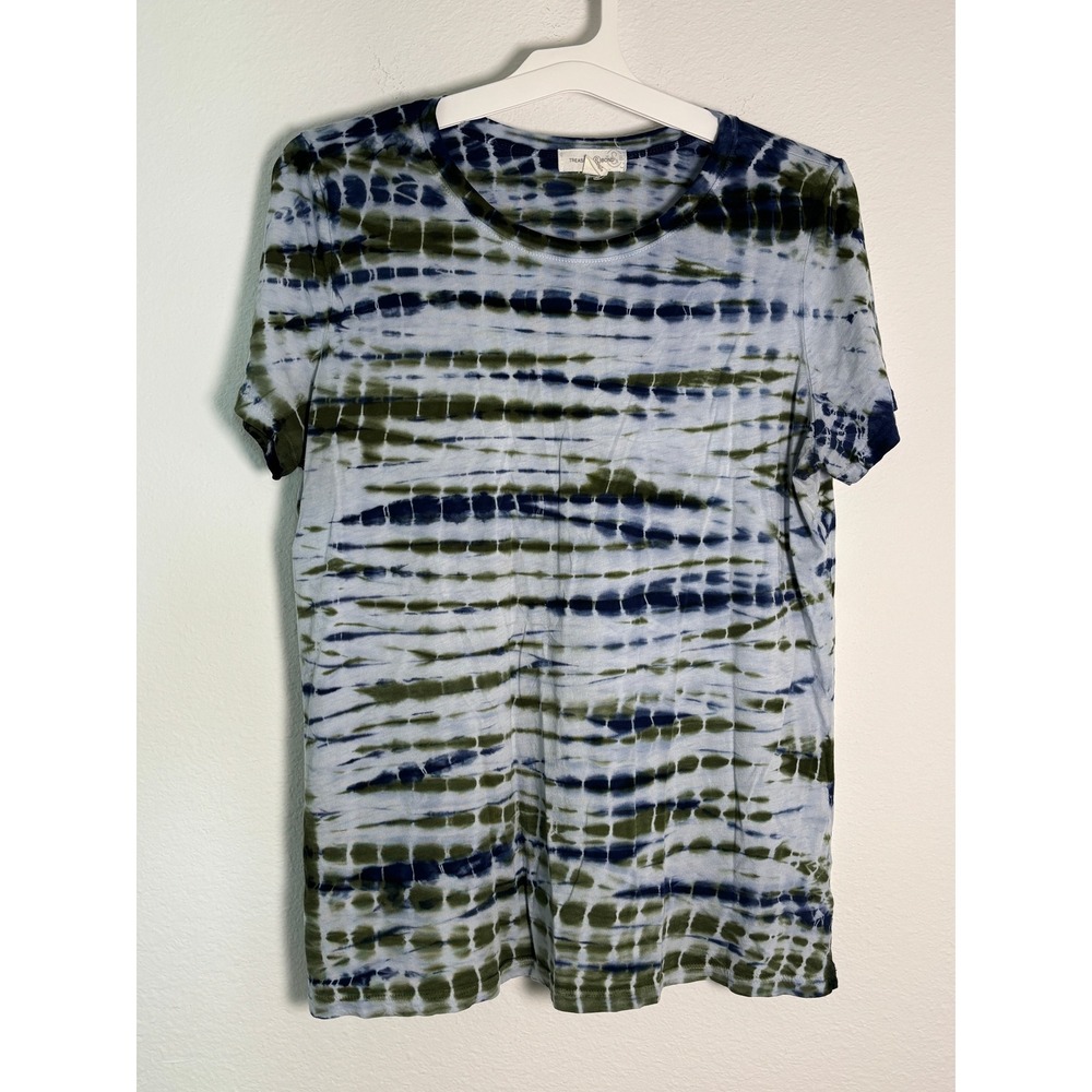 Treasure & Bond Tie Dye Stripe T-Shirt Olive Navy Blue Short Sleeve Crew Neck L